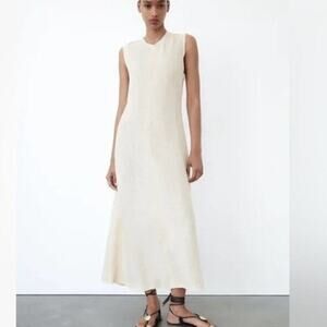 NWT ZARA 100% Linen Minimalist Sleeveless Shift Natural Vanilla  Midi Dress